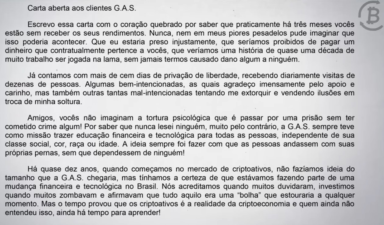 Carta aberta de Glaidson dos Santos, o Faraó dos Bitcoins líder da GAS Consultoria