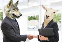 Lobo cumprimentando ovelha criptomoeda fraude
