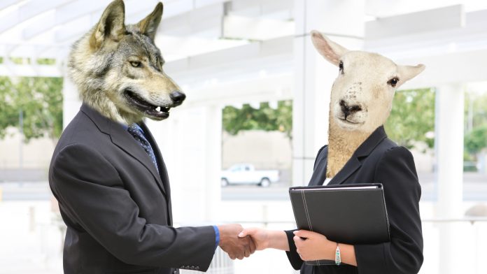 Lobo cumprimentando ovelha criptomoeda fraude