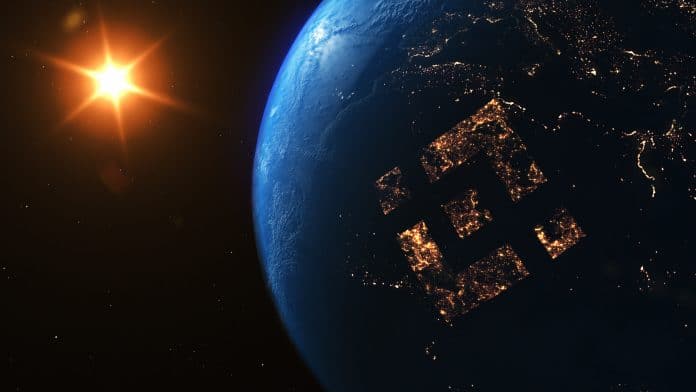 Mapa do mundo com símbolo da Binance