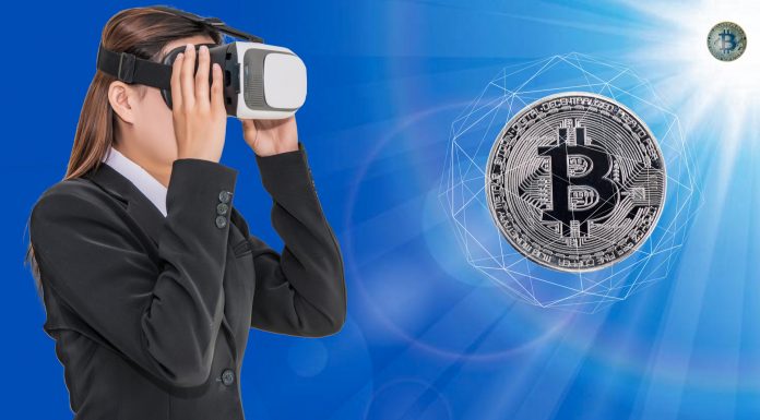 Mulher com óculos de realidade virtual observando o Bitcoin, metaverso
