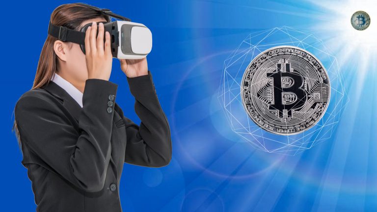 Mulher com óculos de realidade virtual observando o Bitcoin, metaverso