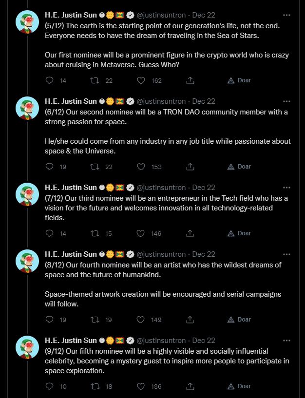 Tweets de Justin Sun sobre viagem para o espaço. Fonte: Twitter