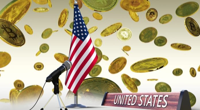 Bandeira dos Estados Unidos em discurso com chuva de Bitcoin