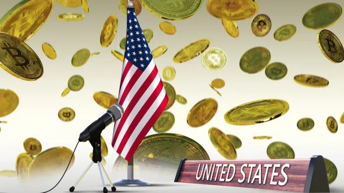 Bandeira dos Estados Unidos em discurso com chuva de Bitcoin