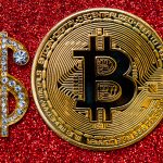 Cifrão dourado com pedras preciosas e Bitcoin joia joalheria bitcoins