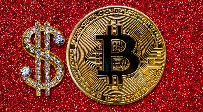 Cifrão dourado com pedras preciosas e Bitcoin joia joalheria bitcoins