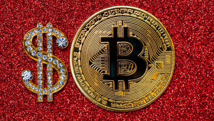 Cifrão dourado com pedras preciosas e Bitcoin joia joalheria bitcoins