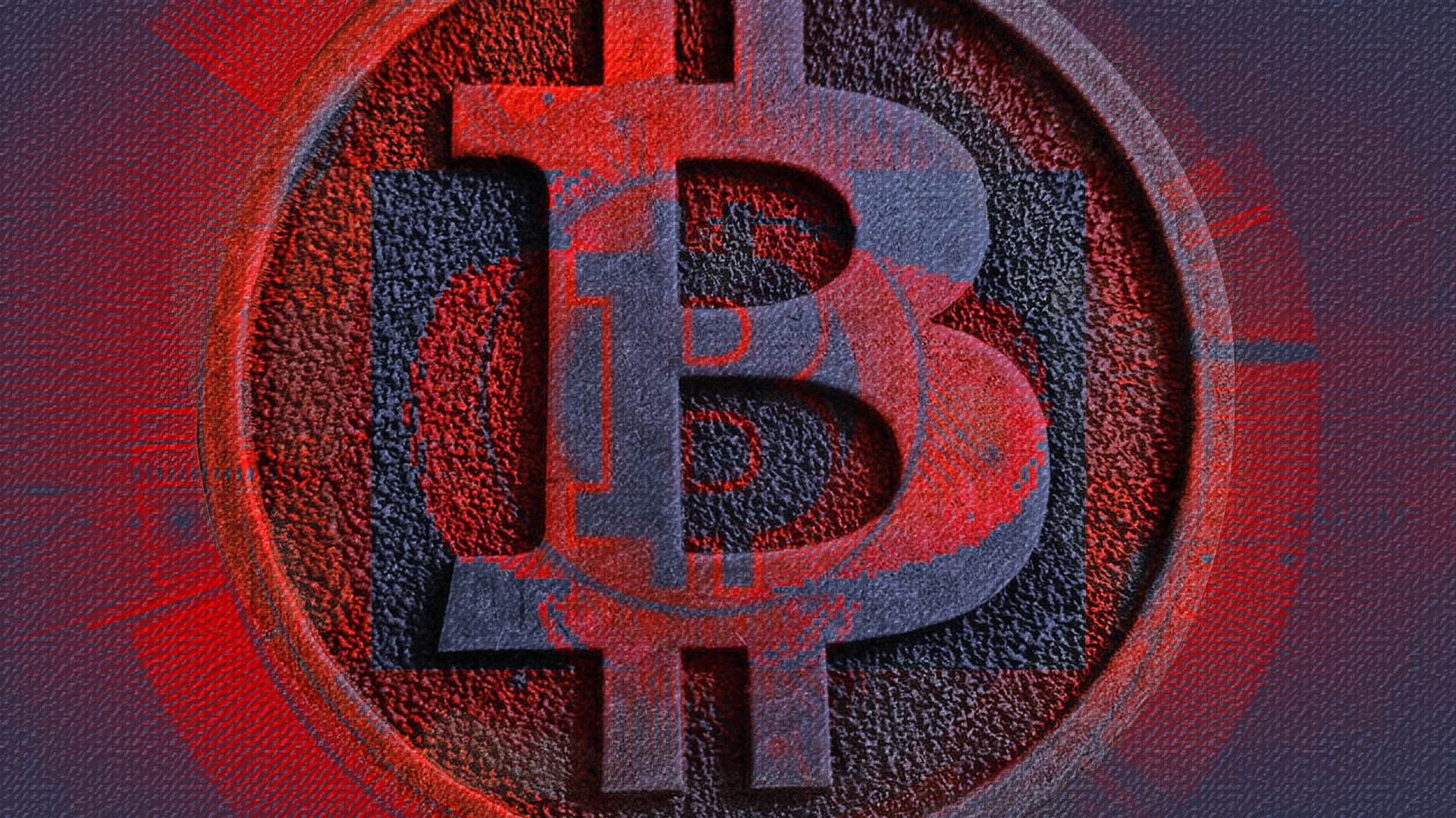 Emblema do Bitcoin de vermelho, sinal de queda no mercado