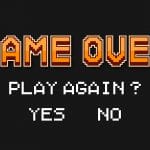 Game Over em jogo, mensagem pergunta se gamer quer jogar novamente, Sim ou Não