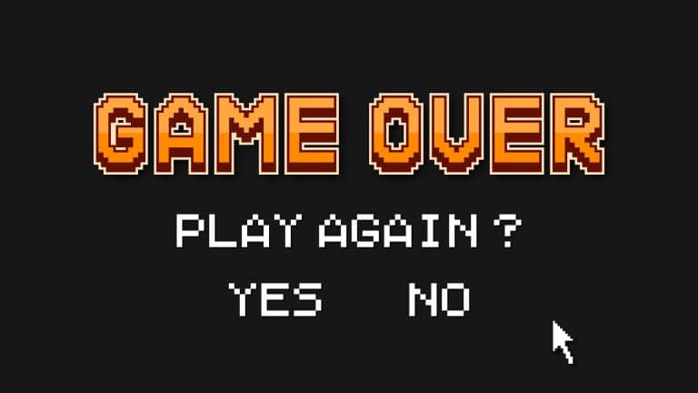 Game Over em jogo, mensagem pergunta se gamer quer jogar novamente, Sim ou Não