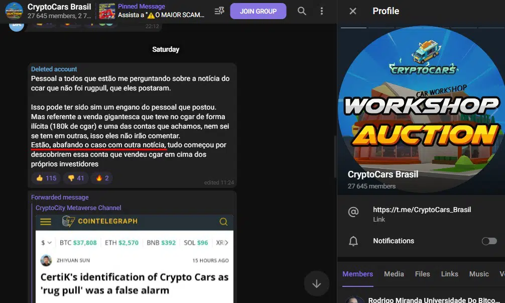 CryptoCars Brasil moderator said the case is being hushed up