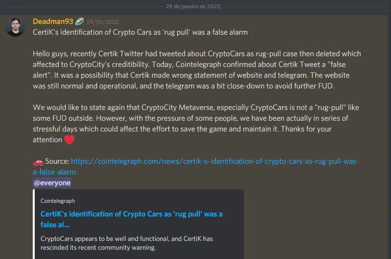 CryptoCars moderator urges people to stop badmouthing the project and denies rugpull ever happened