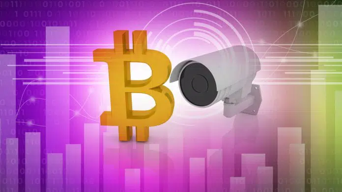 Moeda Bitcoin e gráficos com câmera de segurança e vigilância