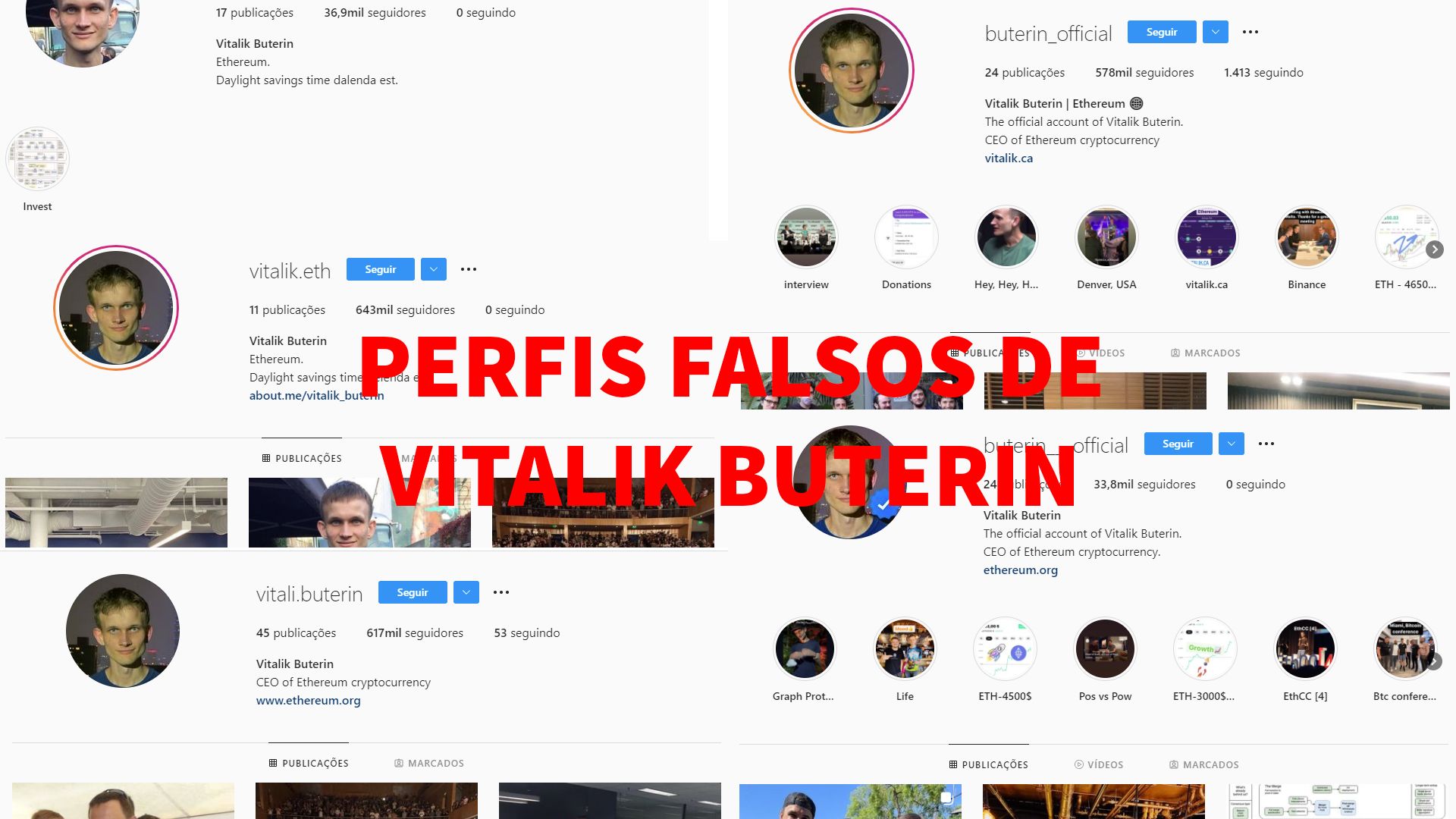 Perfis falsos de Vitalik Buterin no Instagram.
