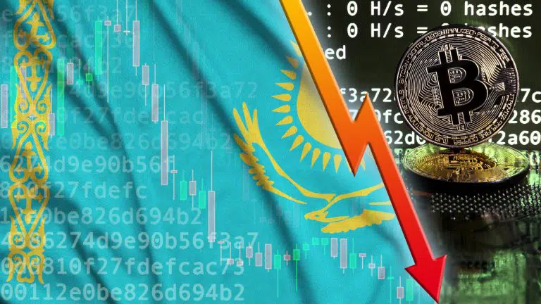 Bandeira do Cazaquistão e seta vermelha caindo na tela de mineração de bitcoin