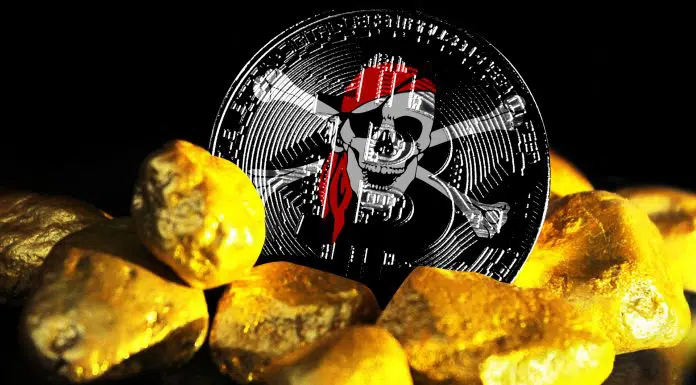 Bitcoin marcado com a bandeira do pirata