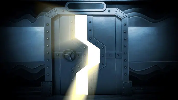 Cena de ficção científica de portão fechando com luz ao fundo, indicando mistério
