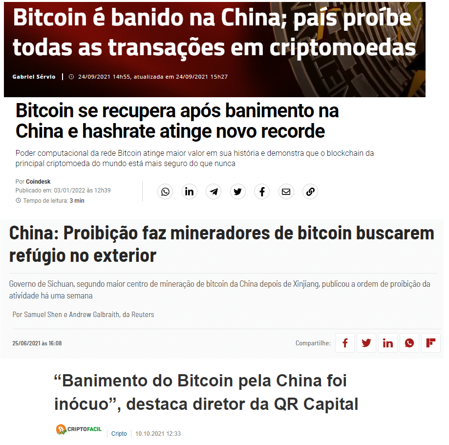 Compilado de manchetes sobre o banimento do bitcoin pela China e a sua falta de efetividade.