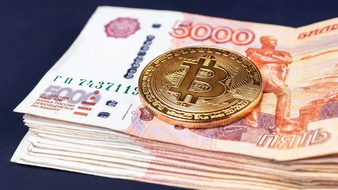 Criptomoeda bitcoin com dinheiro de Rublos russos