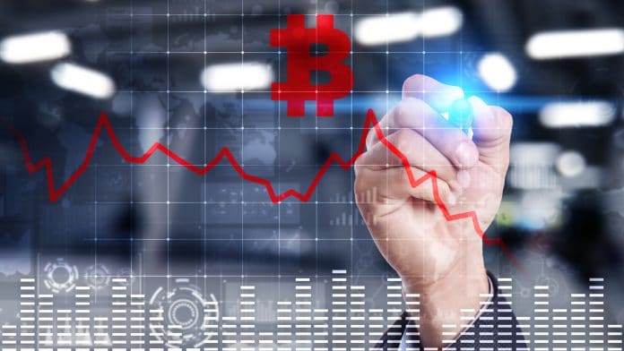 Desenho gráfico do Bitcoin em queda
