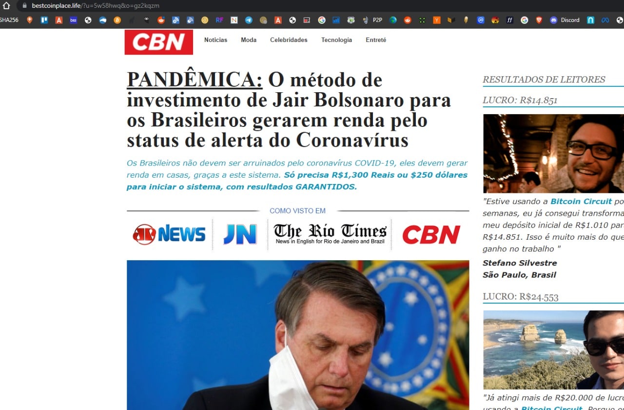 Imagem de Jair Bolsonaro em site falso do Bitcoin Circuit