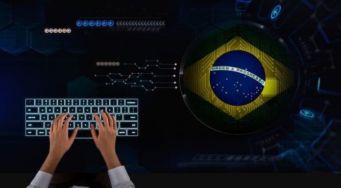 Mão em trabalho para rede do Brasil blockchain