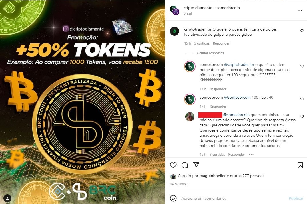 Perfil da criptomoeda BRCoin maltrata internautas pelo Instagram e recebe feedback