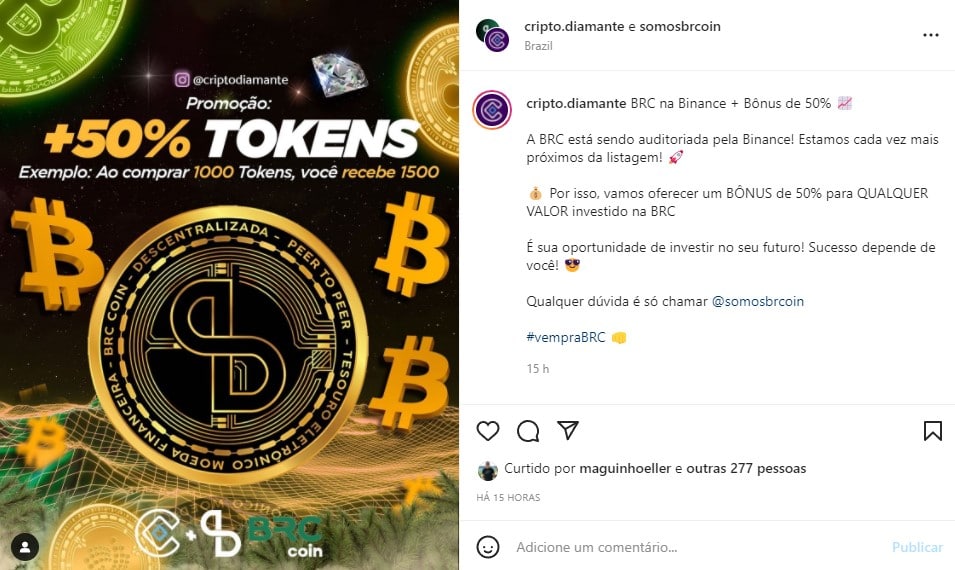 Perfil no Instagram promove criptomoeda brasileira que oferece bonus de 50% na compra