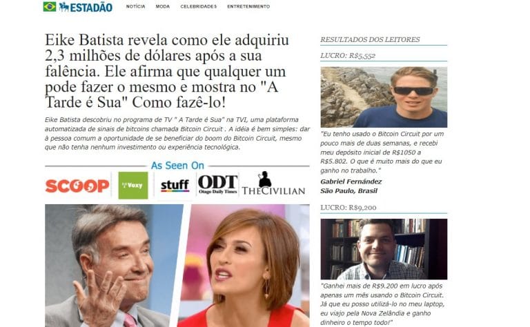 Possível golpe Bitcoin Circuit usa imagem de famosos no Brasil para passar legitimidade a golpe