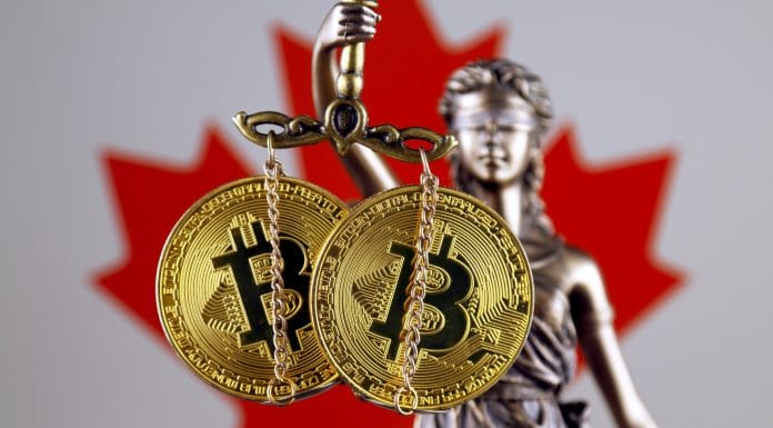 Símbolo da Justiça, Bitcoin e bandeira do Canadá.