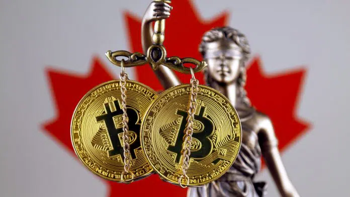 Símbolo da Justiça, Bitcoin e bandeira do Canadá.