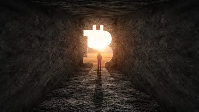 Símbolo do Bitcoin mostrando o caminho da luz