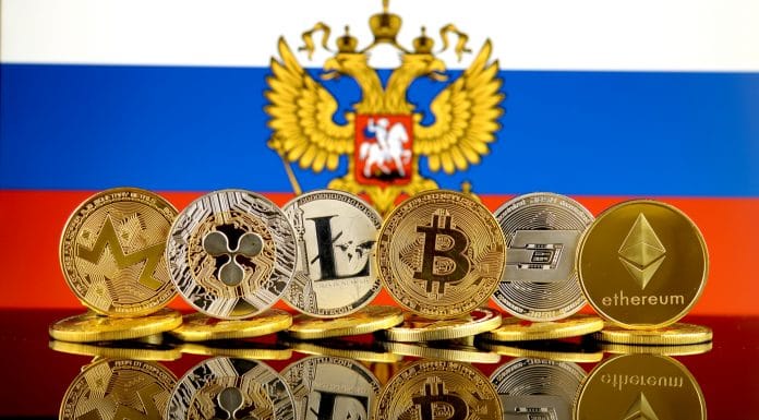 Bandeira da Rússia e criptomoedas