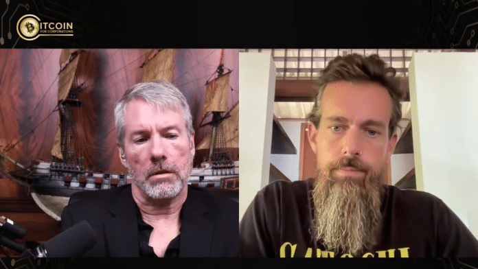 Michael Saylor e Jack Dorsey falando sobre Bitcoin