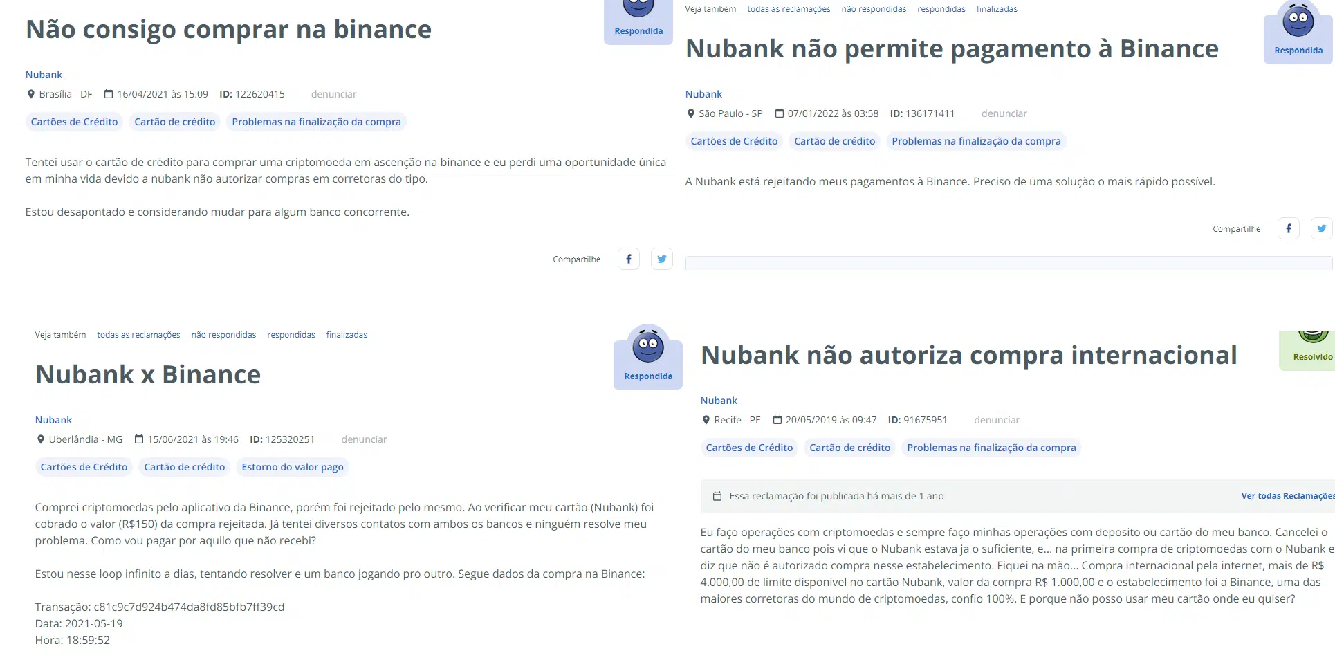Algumas das reclamações feitas por clientes do Nubank que tentaram realizar compras na Binance.