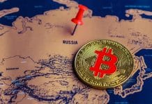 Mapa da Rússia e moeda de Bitcoin