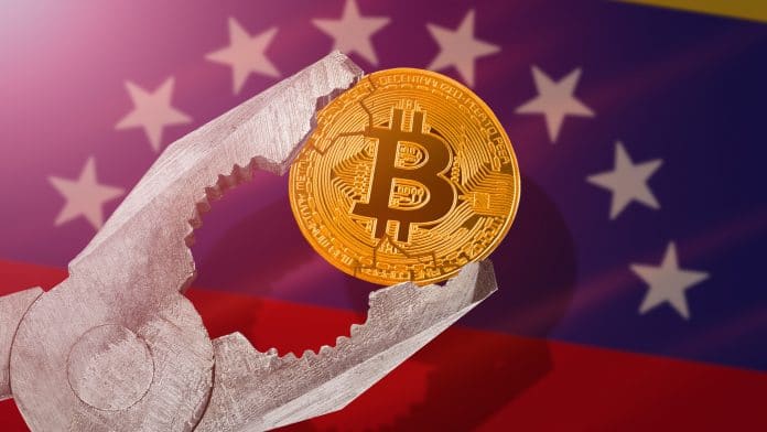 Bandeira da Venezuela ao fundo com Bitcoin sob pressão na frente