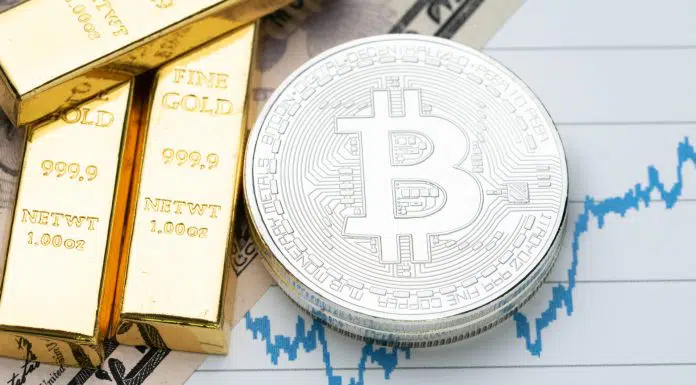 Barra de ouro e Bitcoin no gráfico de alta com crise financeira e reserva de valor