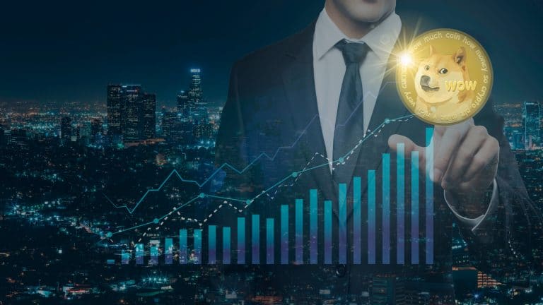 Executivo apontando para moeda Dogecoin com um gráfico em baixo e cidade ao fundo