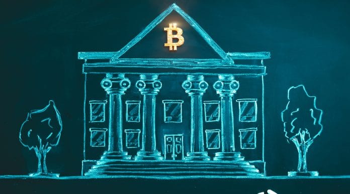 Imagem de banco com Bitcoin em cima