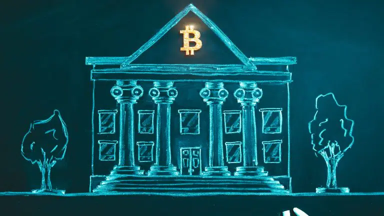 Imagem de banco com Bitcoin em cima