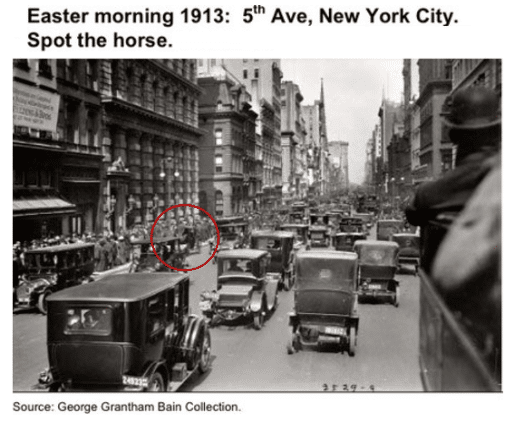 Trânsito repleto de automóveis e com apenas uma charrete em 1913 em Nova Iorque, mostrando que em apenas treze anos houve uma transição completa de um modal de transporte para o outro.