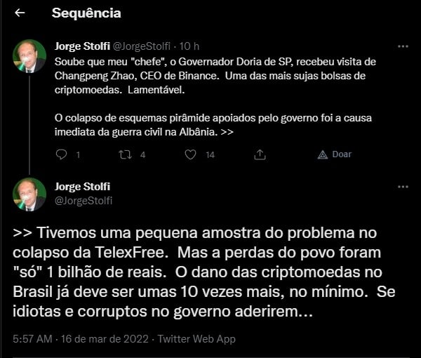 Professor da Unicamp disse ser lamentável encontro de Dória com CEO da Binance