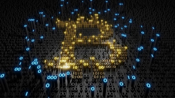 Símbolo do Bitcoin em código binário.