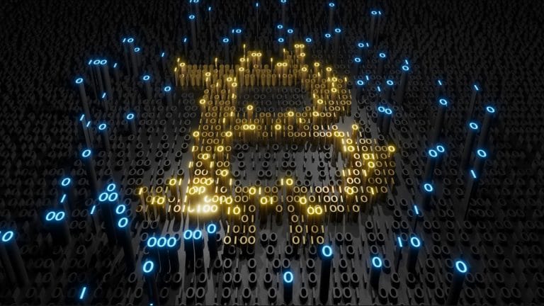 Símbolo do Bitcoin em código binário.