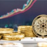 Cardano (ADA) em frente a gráfico com preço em alta.