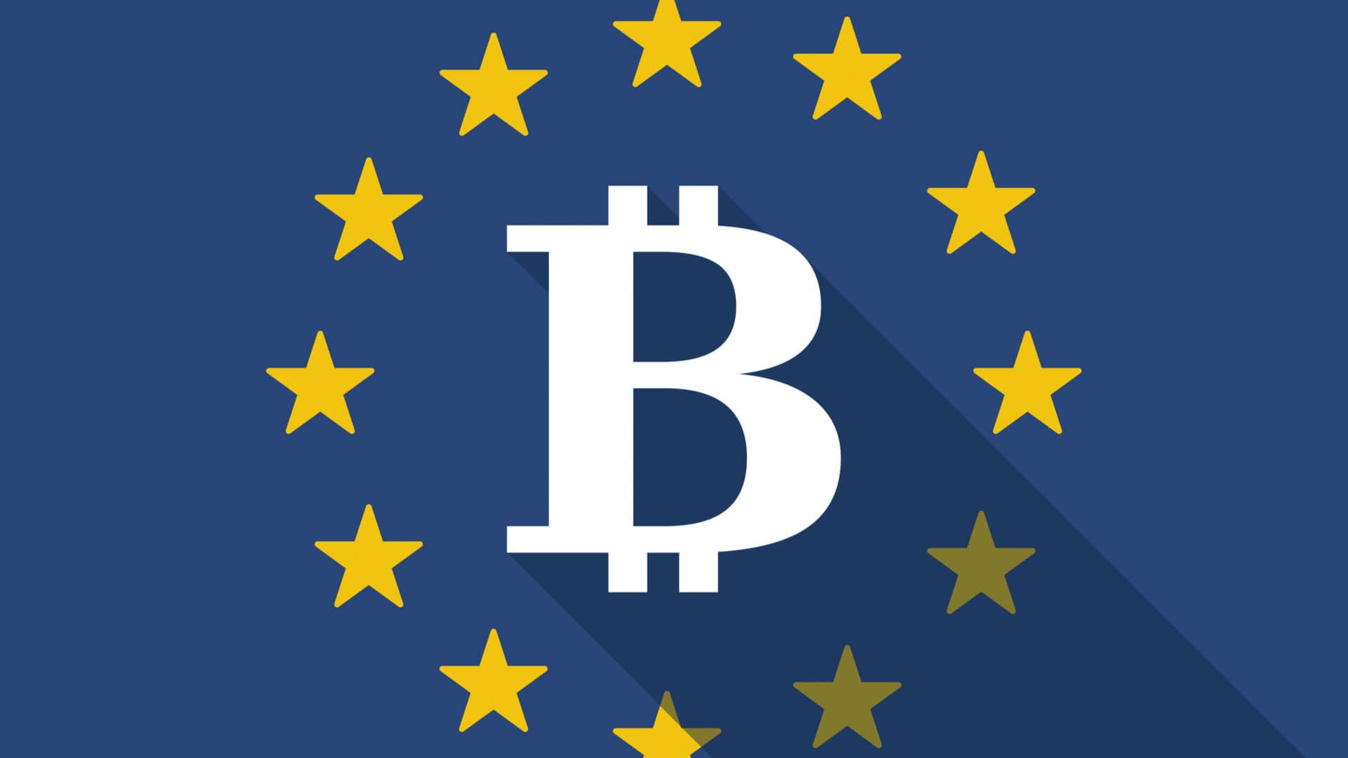 Bandeira da Europa e símbolo do Bitcoin.