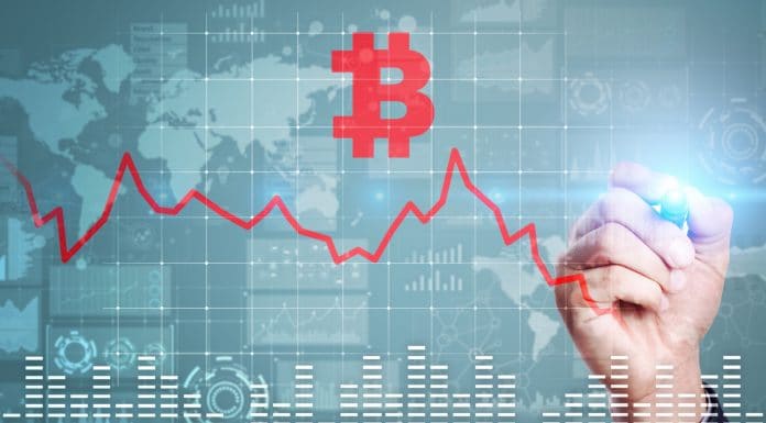 Análise de compra e venda de Bitcoin apontando em gráfico em queda