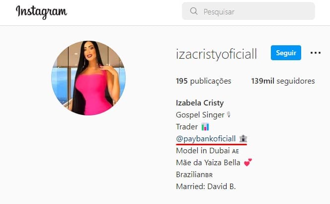 Cantora divulga negócio da Pay Bank em seu Instagram